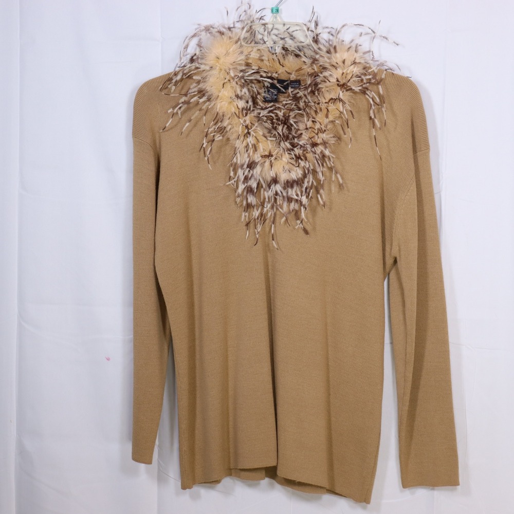 Radzoli Feather Trim Sweater 2X Tan Womens‎ V-Neck Glam Pullover